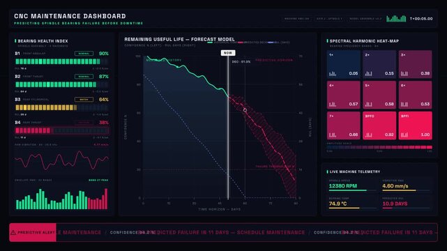 CNC maintenance dashboard visualizes spindle bearing health index and predicts failure risk with neon mint progress bars and a dynamic RUL forecast chart in 4K resolution.