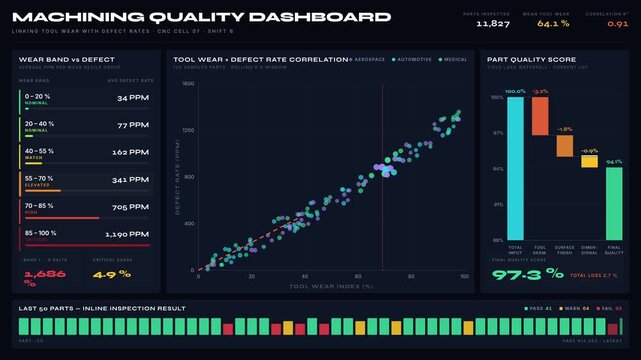 Analyze the Machining Quality Dashboard that links Tool Wear with Defect Rates using a dual-variable correlation chart and detailed data visualizations.
