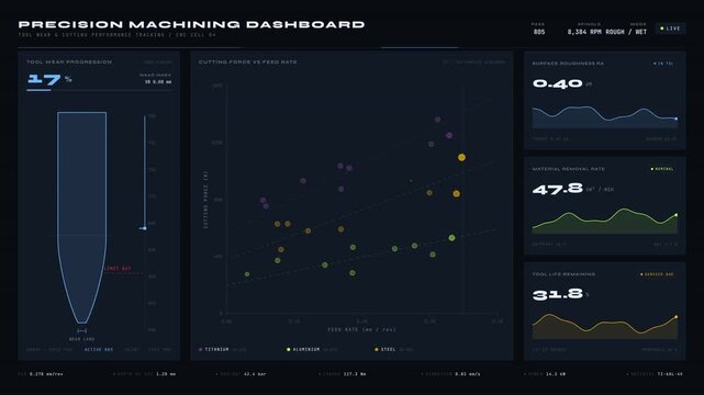 Explore a detailed precision machining dashboard showcasing tool wear progression, cutting performance tracking, and KPI metrics in a visually striking layout with vibrant colors.
