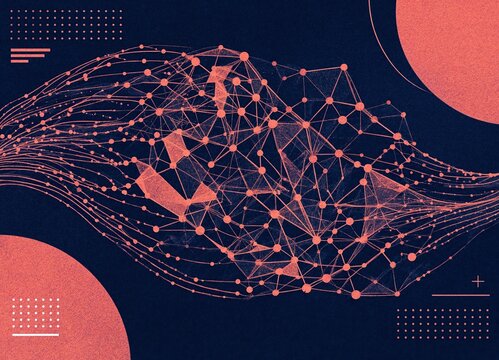 Abstract neural data stream visualization with coral pink connected dots and lines over a dark blue geometric background.