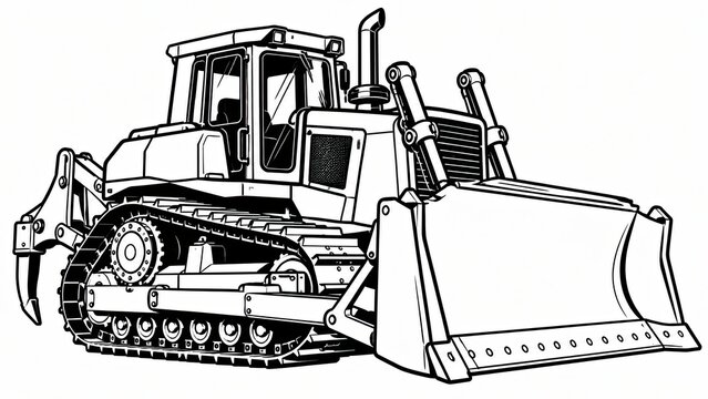 Black and white line art illustration of a heavy construction bulldozer