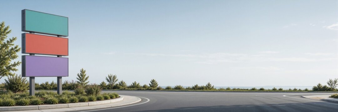 Blank urban navigation sign with three colored panels at a road intersection. Outdoor billboard mockup banner