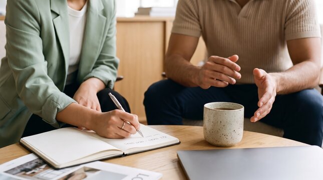 Close-up of team members writing notes and gesturing over coffee