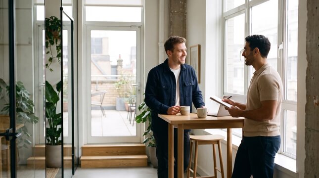 Two businessmen discussing notes at a standing table near a window
