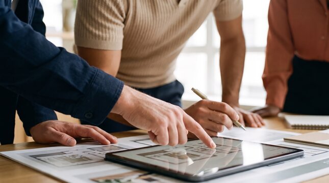 Close-up of hands reviewing a digital tablet during a team meeting
