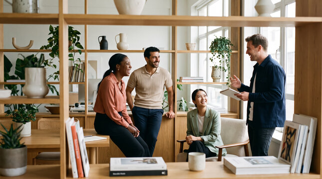 Manager addressing the team with a notebook in a relaxed office setting