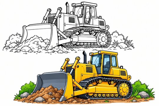 Yellow bulldozer moving pile of dirt and rocks on a construction site
