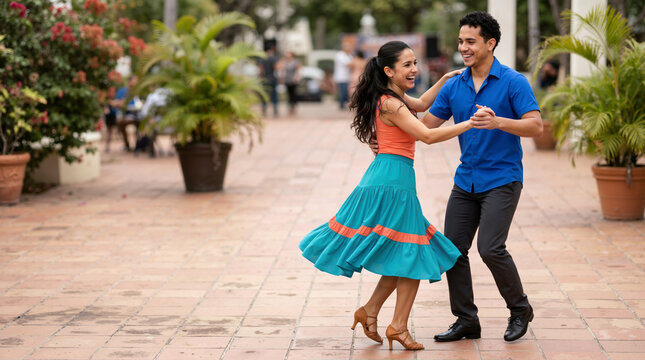 Young couple dancing salsa outdoors in a public square. Smiling man and woman enjoying traditional social dance performance