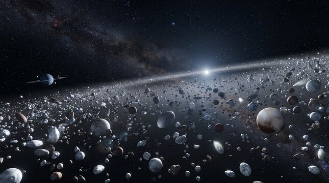 Outer space asteroid belt orbiting a bright star in a deep galaxy with dwarf planets and cosmic debris