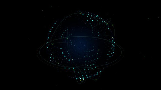 Holographic 3D digital data globe with rotating communication network orbits loop