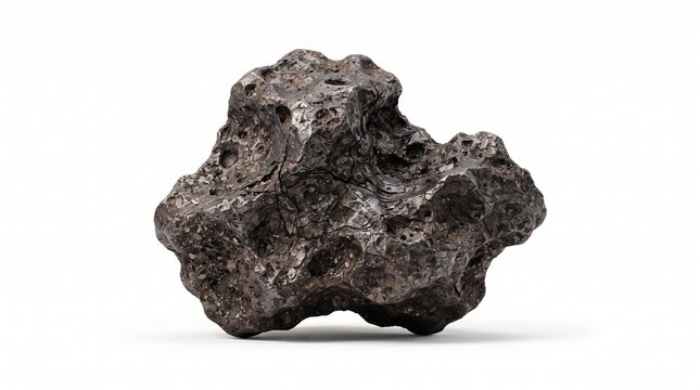 Close-up shot of a dark, pitted meteorite rock with a rugged and textured surface on white