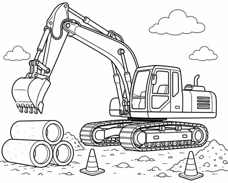 Black and white line art drawing of a heavy construction excavator machine