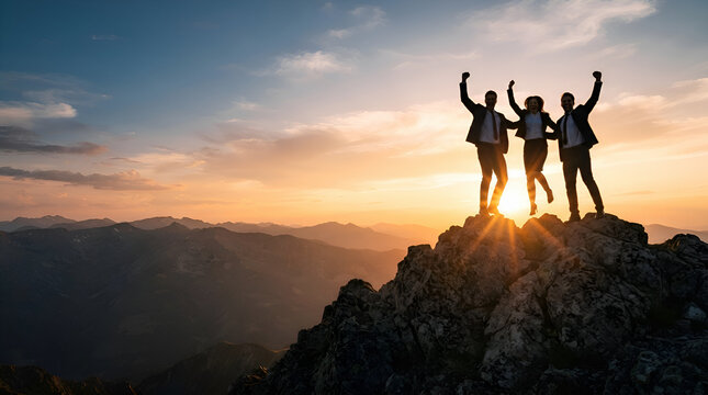 Silhouettes of diverse team members celebrating success on mountain peak at sunset with arms raised