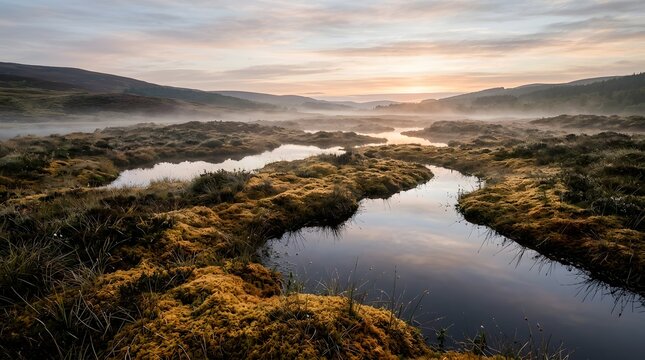 Scenic sunrise over misty marshland with winding water channels and rolling hills.