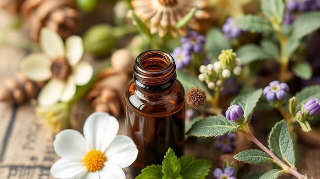 Bottiglietta in vetro ambrato con siero naturale tra fiori ed erbe medicinali