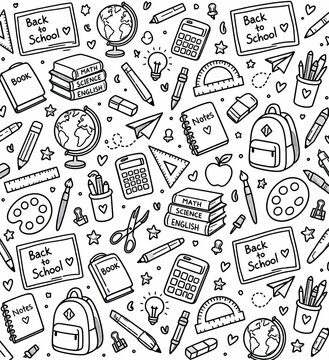 Seamless pattern with hand drawn school supplies on white background