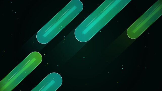 Abstract floating green rounded capsule shapes and shooting star particles loop