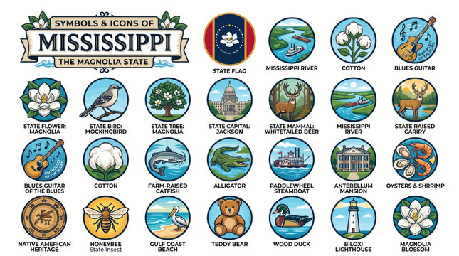 Comprehensive collection of Mississippi state symbols and iconic cultural elements featuring nature, wildlife, historical landmarks, and local traditions in a decorative badge design layout