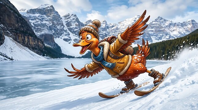 Funny cartoon duck skiing down snowy mountain slope
