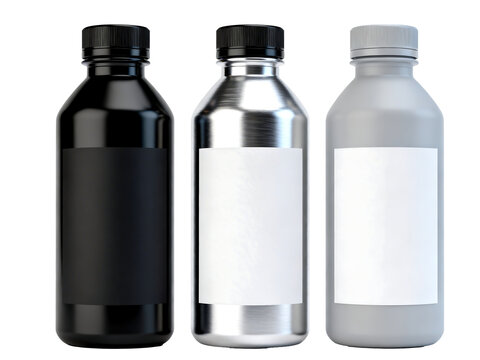 [Transparent Background PNG]Three Different Empty Bottles with Blank Labels Displayed Side by Side