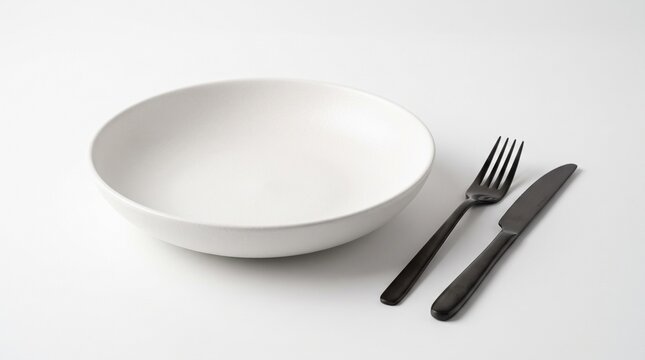 Empty white ceramic plate with black fork and knife cutlery set