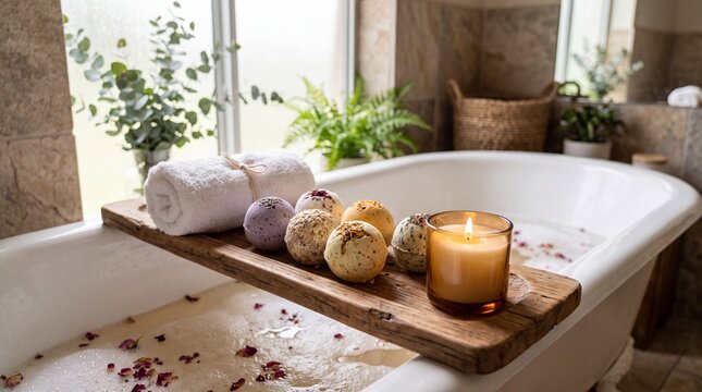 colorful bath bombs candles and towels arranged beside a bathtub