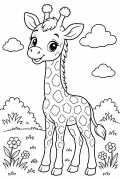 Cute baby giraffe standing in a garden for children coloring page