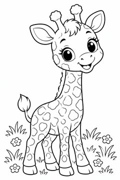 Cute cartoon baby giraffe standing in grass line art drawing