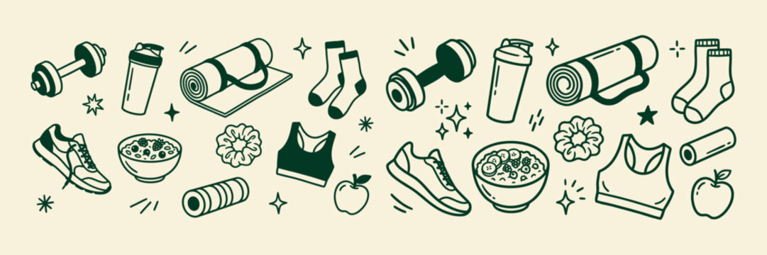 Hand drawn fitness and gym workout doodle set. Sketch yoga mat, dumbbell, sports bra, running shoe and healthy food outline vector.