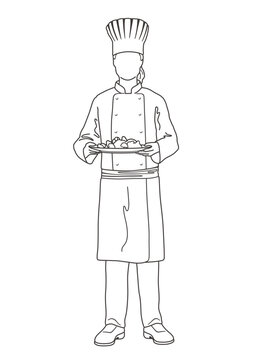 Professional Chef Serving Food on Tray Line Art Illustration