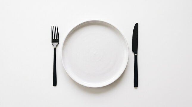 Empty white plate with black fork and knife on a clean surface