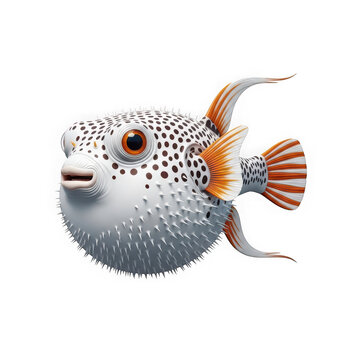 Colorful pufferfish swimming in water with orange fins
