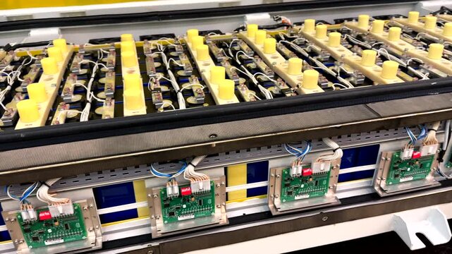 Battery technology inside an electric vehicle during assembly process in workshop. Electric vehicle battery for truck and buses. Lithium iron phosphate batterys, EV technologies. Manufacturing of EV 