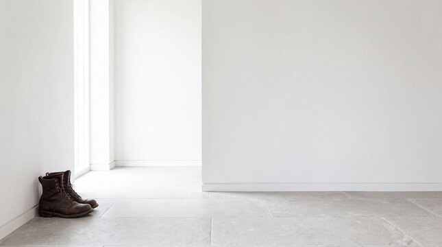 Old, worn brown work boots standing on a light tiled floor against a white wall in an empty modern room, conveying concepts of moving, renovation, or a fresh start
