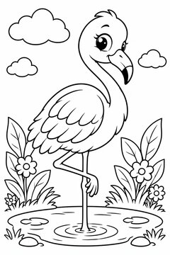 Cute flamingo standing in a pond for kids coloring book page