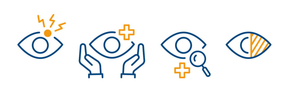 Eye examination, eyes pain and care, ophthalmologist diagnostics, vision loss,  outline icon set, editable blue vector illustration