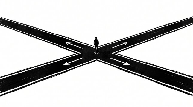 At a crossroads of destiny, a lone figure contemplates diverging paths, arrows pointing outward, symbolizing choices, uncertainty, and the profound journey of human decision-making.