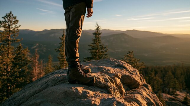 a rugged rock, overlooking a breathtaking landscape at sunset. The person wears darkcolored hiking boots and dark pants, indicating they are on a hike. The sun casts a warm, golden hue over the scene.