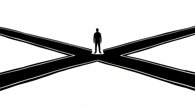 At a crossroads of destiny, a lone figure contemplates diverging paths, arrows pointing outward, symbolizing choices, uncertainty, and the profound journey of human decision-making.