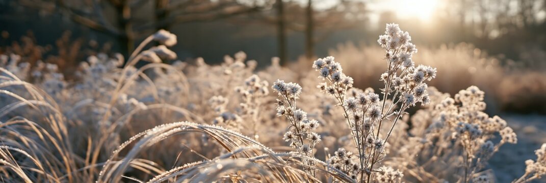 a serene winter scene. The main subject is a cluster of frostcovered plants, illuminated by the warm, golden light of the setting sun. The plants are densely packed.