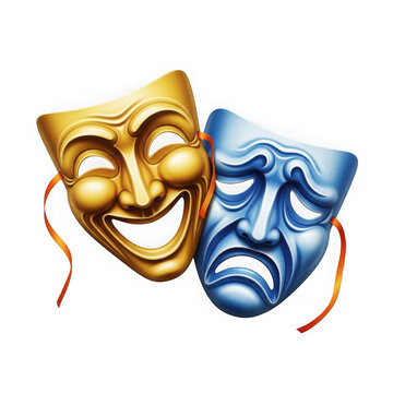Comedy and tragedy masks with golden and blue colors