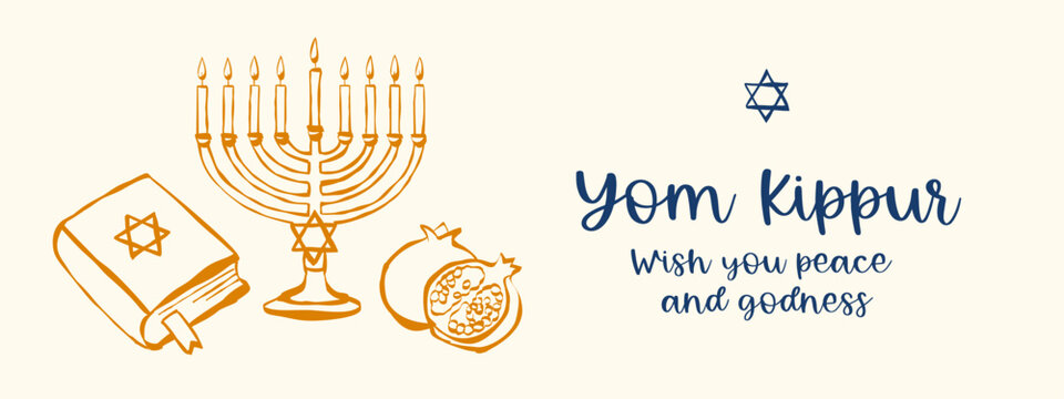 Yom Kippur greeting with menorah, pomegranate, and star of David symbols