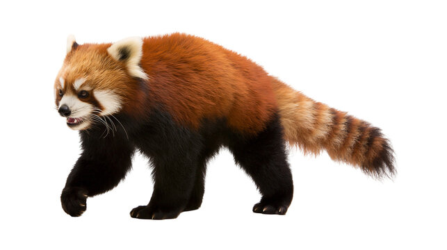 Red panda walking with mouth open showing teeth and fluffy striped tail
