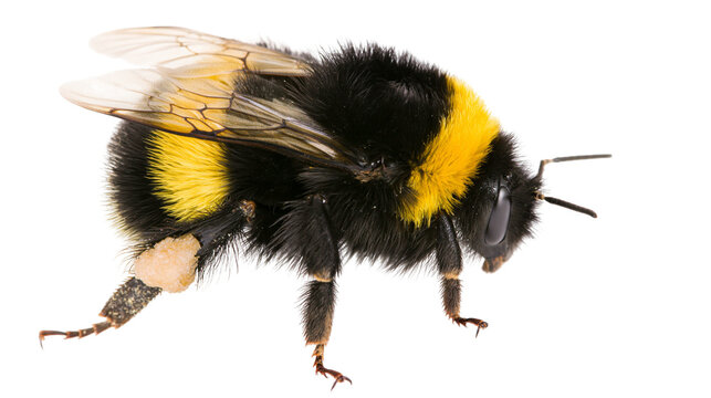 Fuzzy bumblebee with yellow and black stripes and pollen on its leg