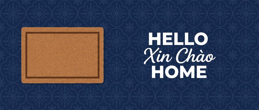 Coir doormat mockup welcome mat with text hello xin chao home on dark blue patterned tile background, blank entrance floor rug template for interior design product display, cozy home concept.