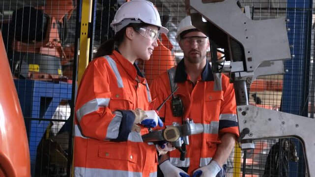 Two multiethnic engineers repairing a welding robotic arm in factory. Diverse industrial workers fixing automated robot machinery with laptopMaintenance team of engineers programming robotic arms.