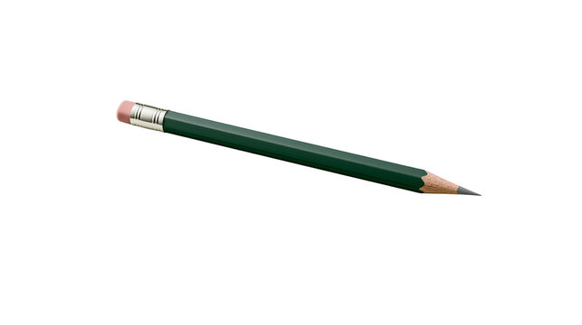 Dark green wooden pencil with pink eraser and sharpened graphite tip