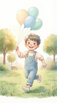 Cheerful little boy running with three colorful balloons in sunny park watercolor illustration
