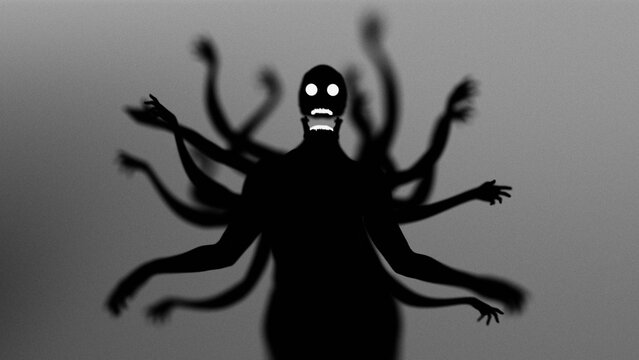 Minimal Spooky Multi Armed Skull Head Silhouette with Glowing Eyes and Mouth 3D Render