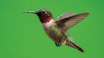 Fototapeta premium Male ruby throated hummingbird flying in mid air showcasing iridescent green and red feathers